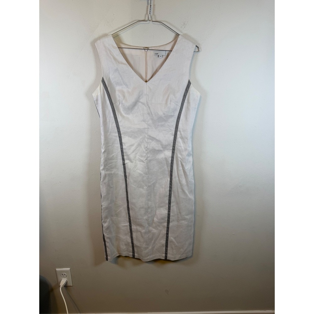 Unger Womens Sheath Dress Linen Blend Contrast Trim Cream 10